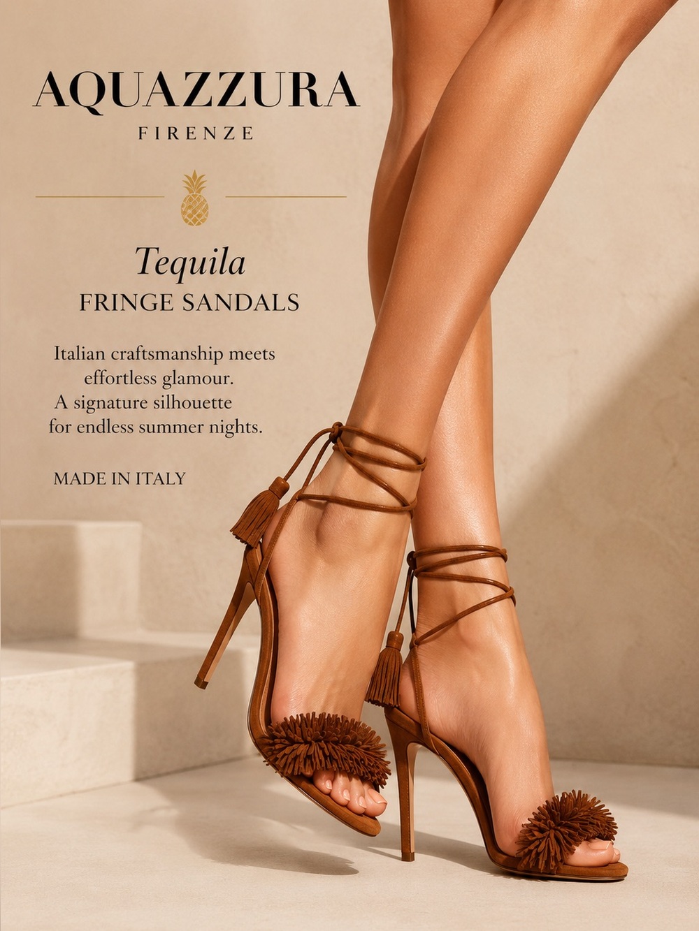 Aquazzura Tequila Fringe Lace-Up Suede Sandals Cognac Brown EU 38.5 US 8